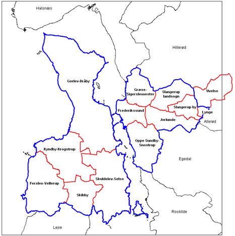 Kort over Frederikssund kommune efter 2007 med angivelse af sognekommunerns grænser